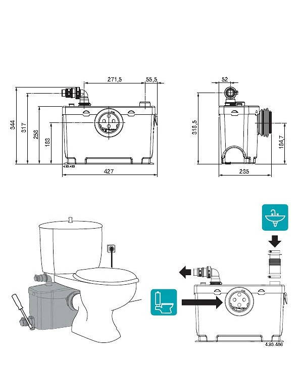 Dimensions et installation Station de relevage automatique GEOTRIT pour 1 WC et 1 Lavabo