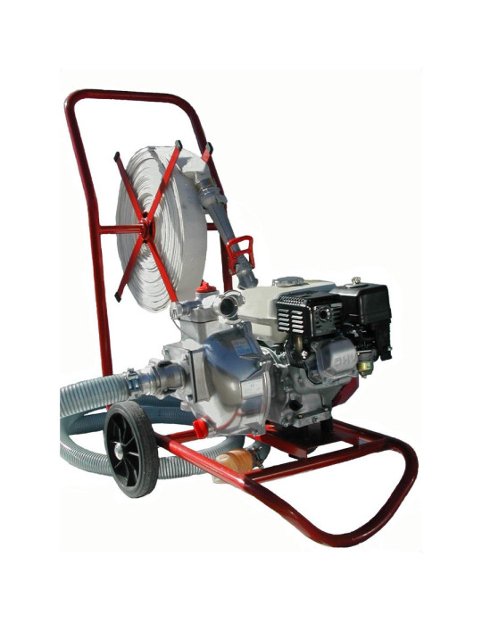 Motopompe incendie 5.5 CV sur chariot avec dévidoir tuyaux plat DN45 en lg 20 ou 40 m