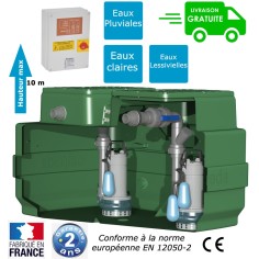 Station de relevage deux pompes, eaux de pluie, eaux claires ou lessivielles, cuve de 500 litres, puissance 0.55 Kw