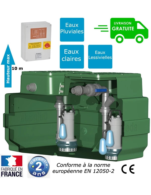Station de relevage deux pompes, eaux de pluie, eaux claires ou lessivielles, cuve de 500 litres, puissance 0.55 Kw