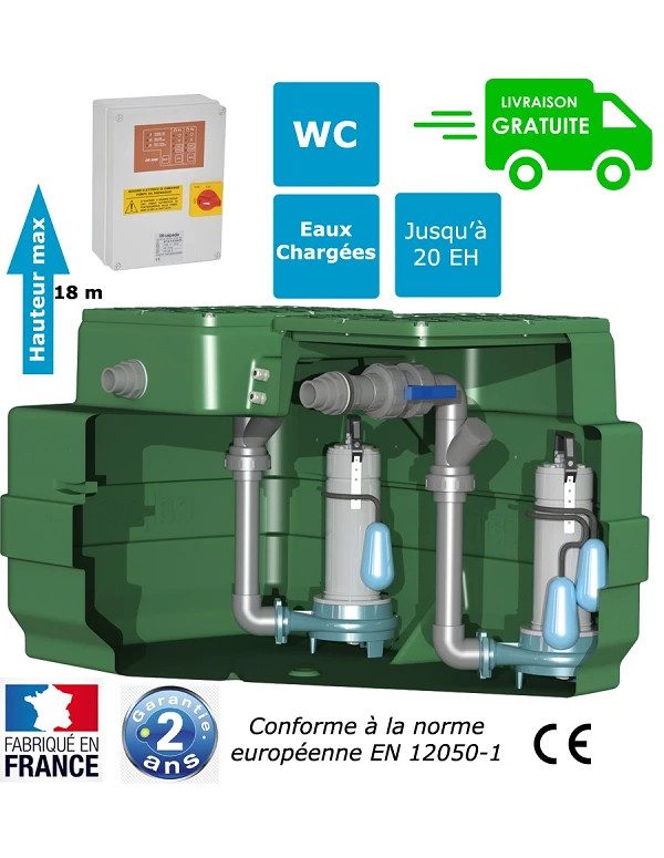 Station de relevage 2 pompes broyeuses monophasé pour les eaux chargées - Puissance 1.50 Kw