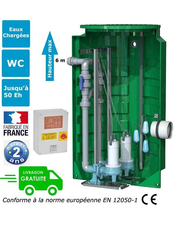 Station de relevage 2 pompes eaux chargées montées sur pieds d'assises et barres de guidages - CALIDOUBLE PA 8