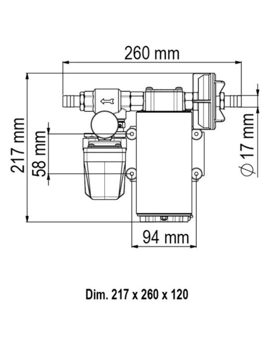 Dimensions, pompe surpresseur 24V (UP12/A) 2.5 bar - 36 L/min