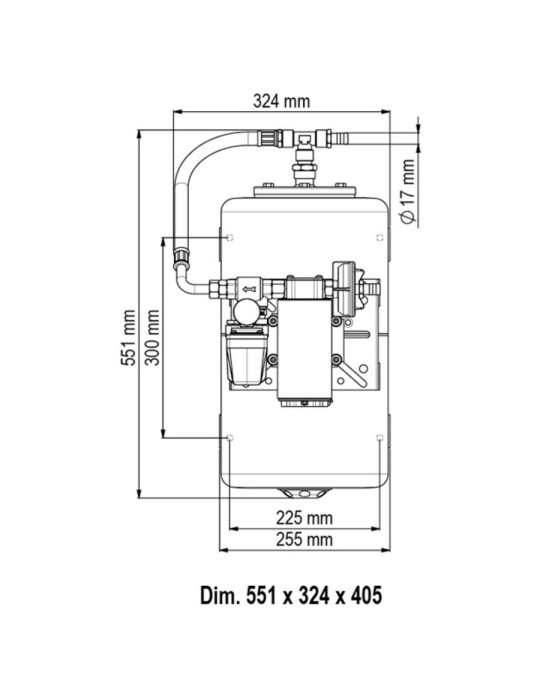 Dimensions groupe surpresseur 24V (UP12/A-V20) 2.5 bar - 36 L/min