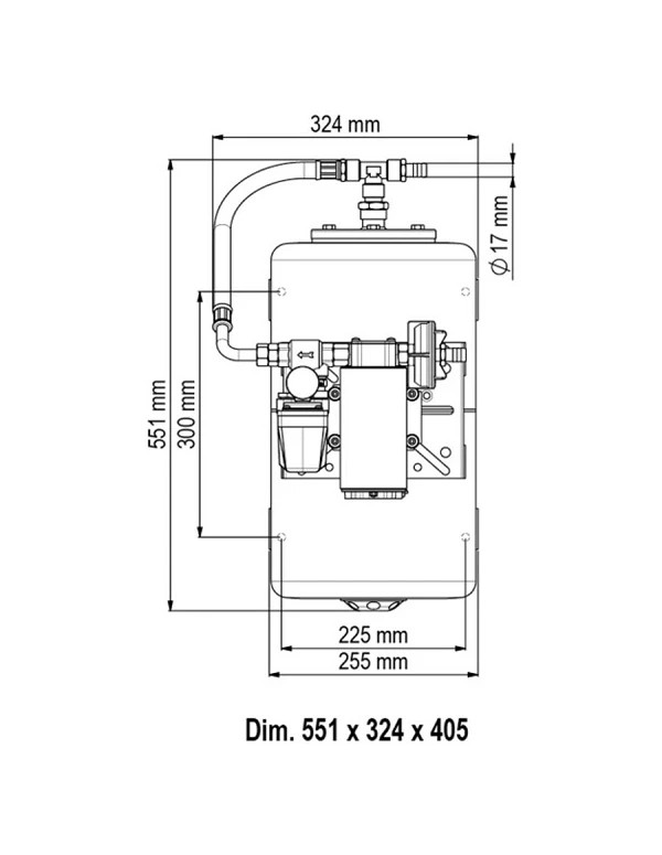 Dimensions groupe surpresseur 24V (UP12/A-V20) 2.5 bar - 36 L/min