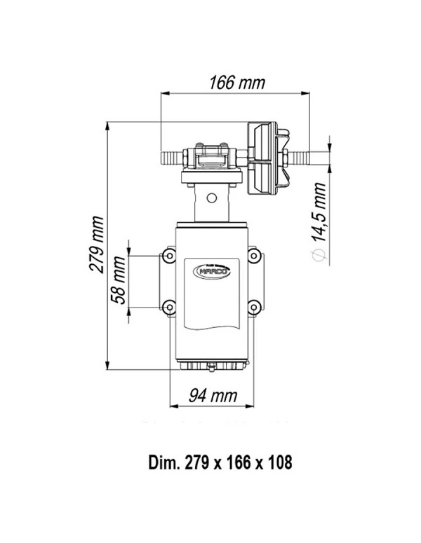 Dimensions pompe de pulvérisation 12V-24V (UP10-HD) 7 bar - 18 L/min