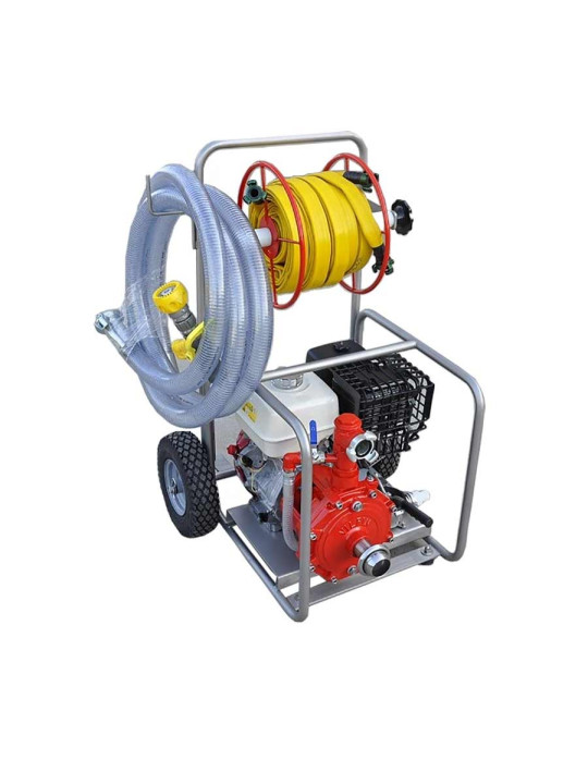 Motopompe incendie 5.5 CV sur chariot avec dévidoir tuyaux pompier