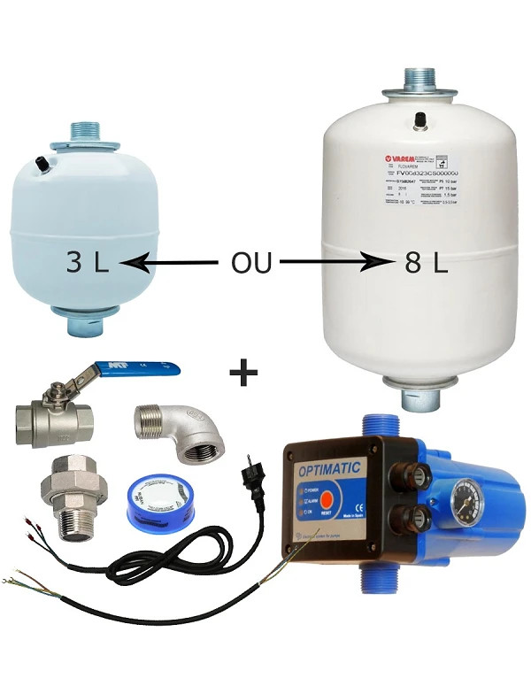 Kit gestionnaire pompe monophasé avec réservoir en ligne 3 ou 8 L, vanne, coude, liason électrique, raccord union