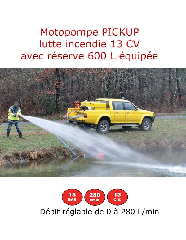 Motopompe lutte incendie 13 CV avec réserve 600 L équipée