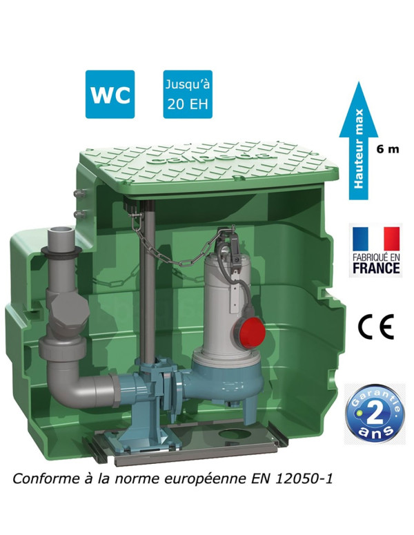 Station de relevage eaux chargées avec pompe 0.55 Kw, CAL230 GQVM 50-8-PA, pompe vortex sur pied d'assise et barre de guidage