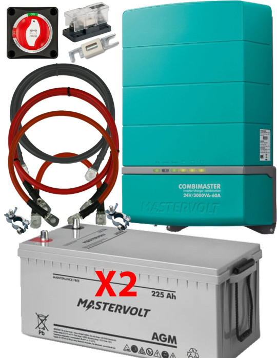 Onduleur pompe de relevage monophasé puissance 3000VA, avec deux batteries 12V 225 Ah, cablage, fusible et coupe batterie