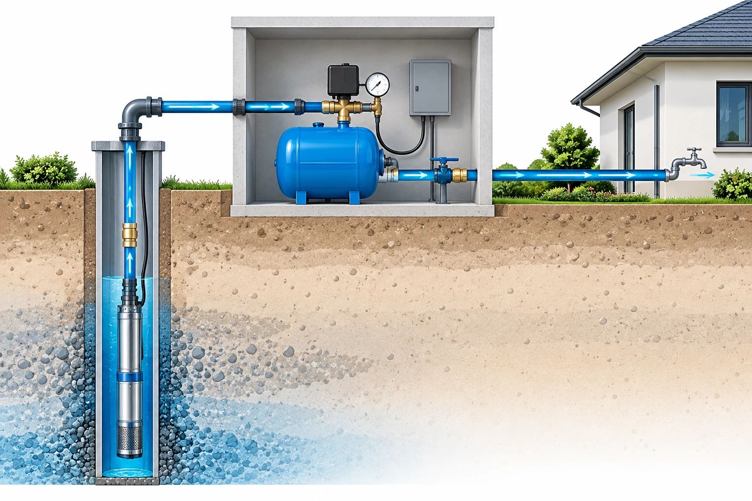 Schéma de principe d’une installation de pompe forage 4 pouces avec réservoir surpresseur