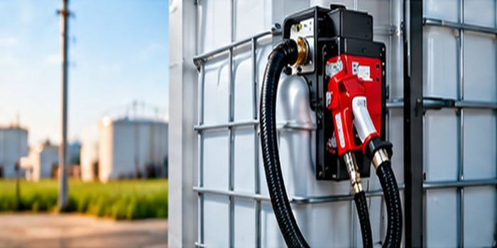 Pompe de transfert de carburant rouge avec pistolet et flexible sur une cuve
