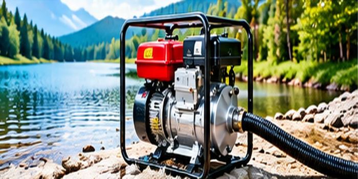 Motopompe thermique au bord d'un lac avec son tuyau d'aspiration