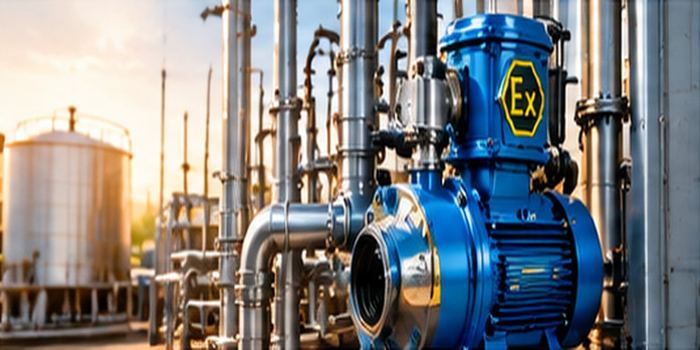 Pompe ATEX bleue marqu&eacute;e Ex dans une installation industrielle