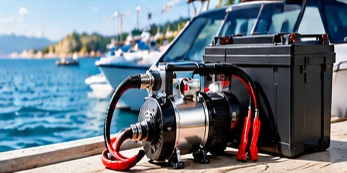 Pompe 12 V avec batterie et c&acirc;bles sur un quai